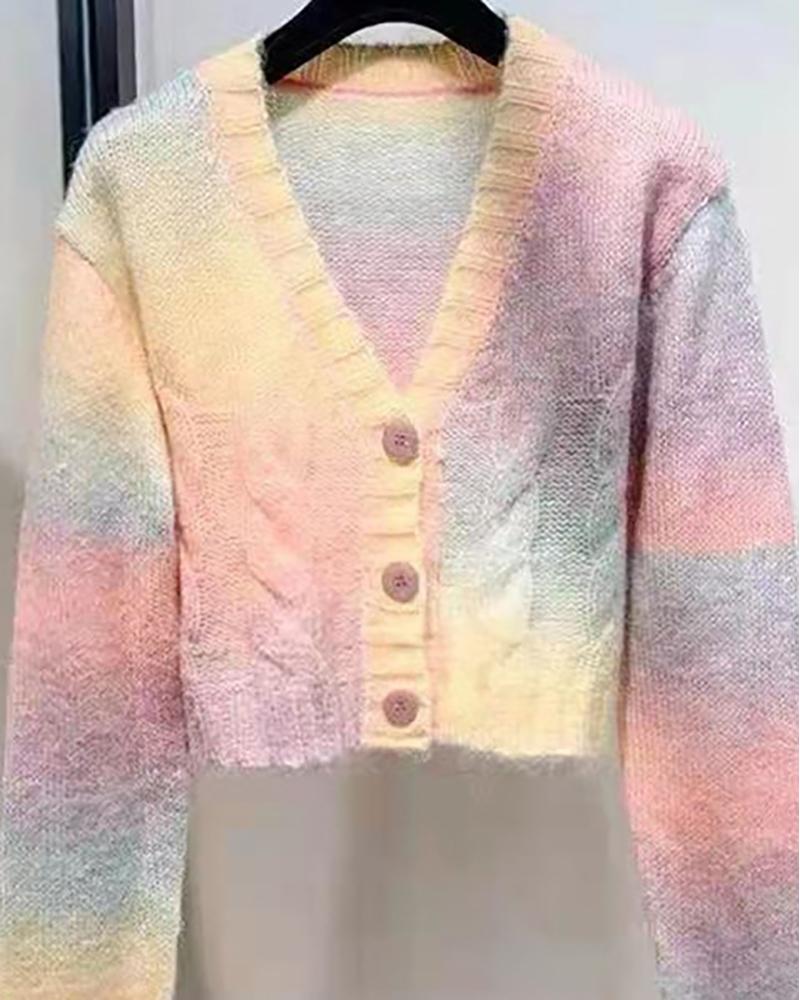 

Ombre Colorblock Button Design Long Sleeve Knit Cardigan, Purple&yellow