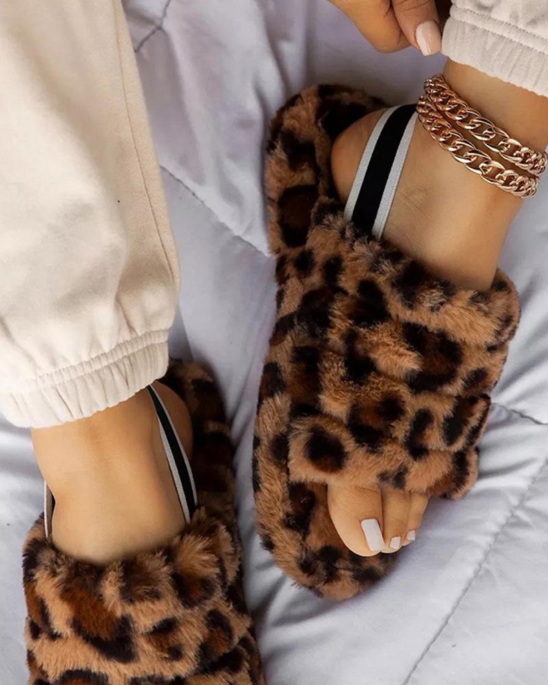 

Peep Toe Plain / Cheetah Print Fluffy Slipper, Leopard