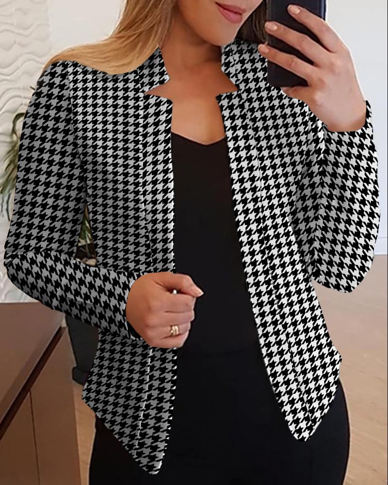 

Houndstooth Print Long Sleeve Blazer Coat, Black