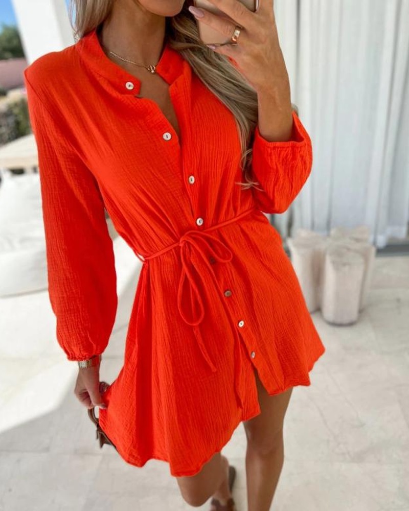 

Long Sleeve Button Down Shirt Dress, Red