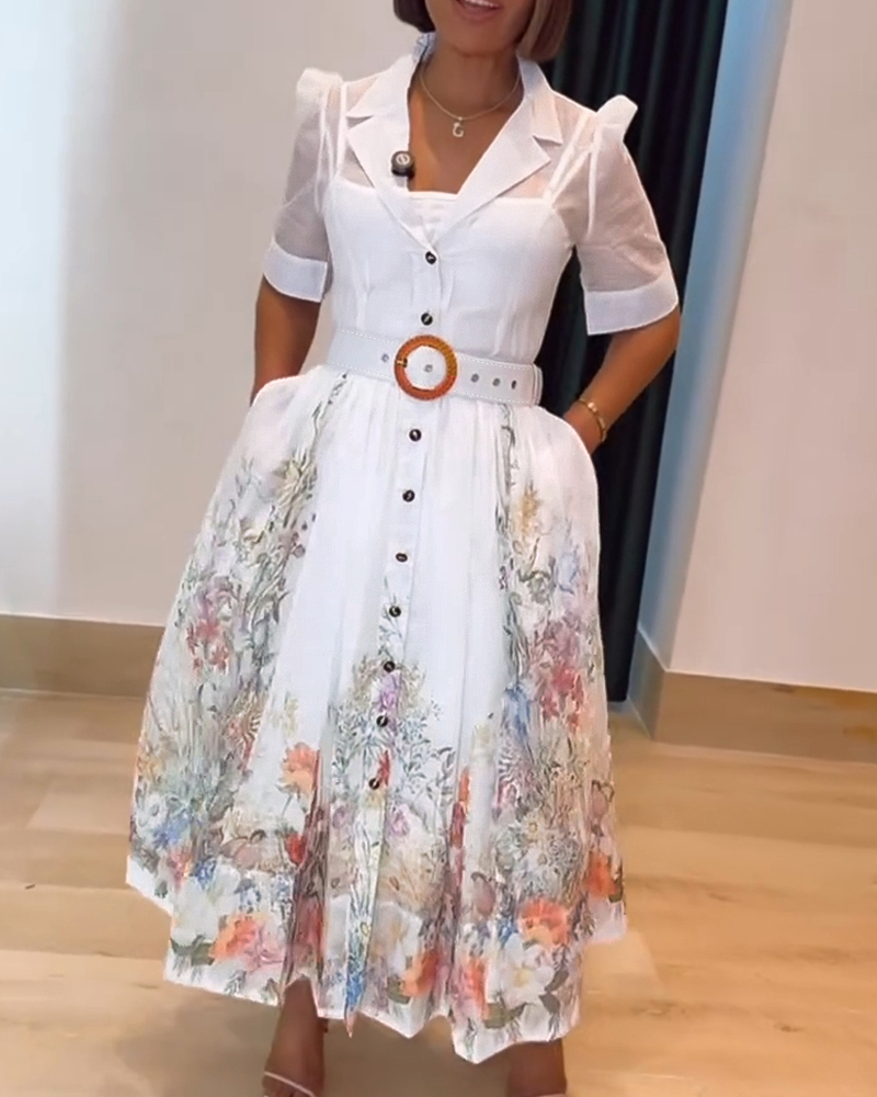 

Vestido midi casual com estampa floral, manga curta, cintura amarrada, White