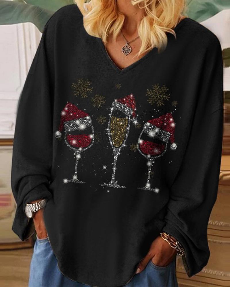 

Plus Size Christmas Snowflake Wine Glass Print Casual Top, Black