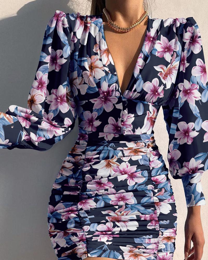 

Lantern Sleeve Floral Print Ruched Bodycon Dress, Blue
