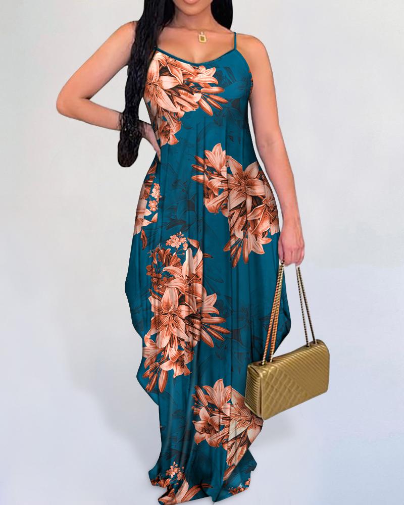 

Floral Print Spaghetti Strap Maxi Dress, Blue