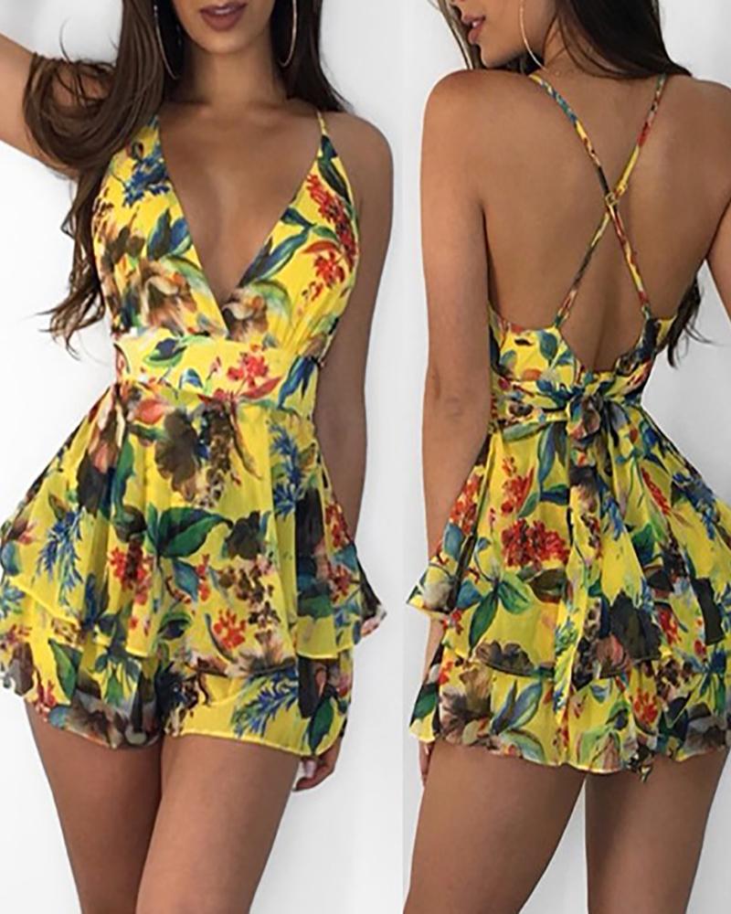 

Sunflower Print V Neck Crisscross Backless Ruffles Hem Romper, Yellow