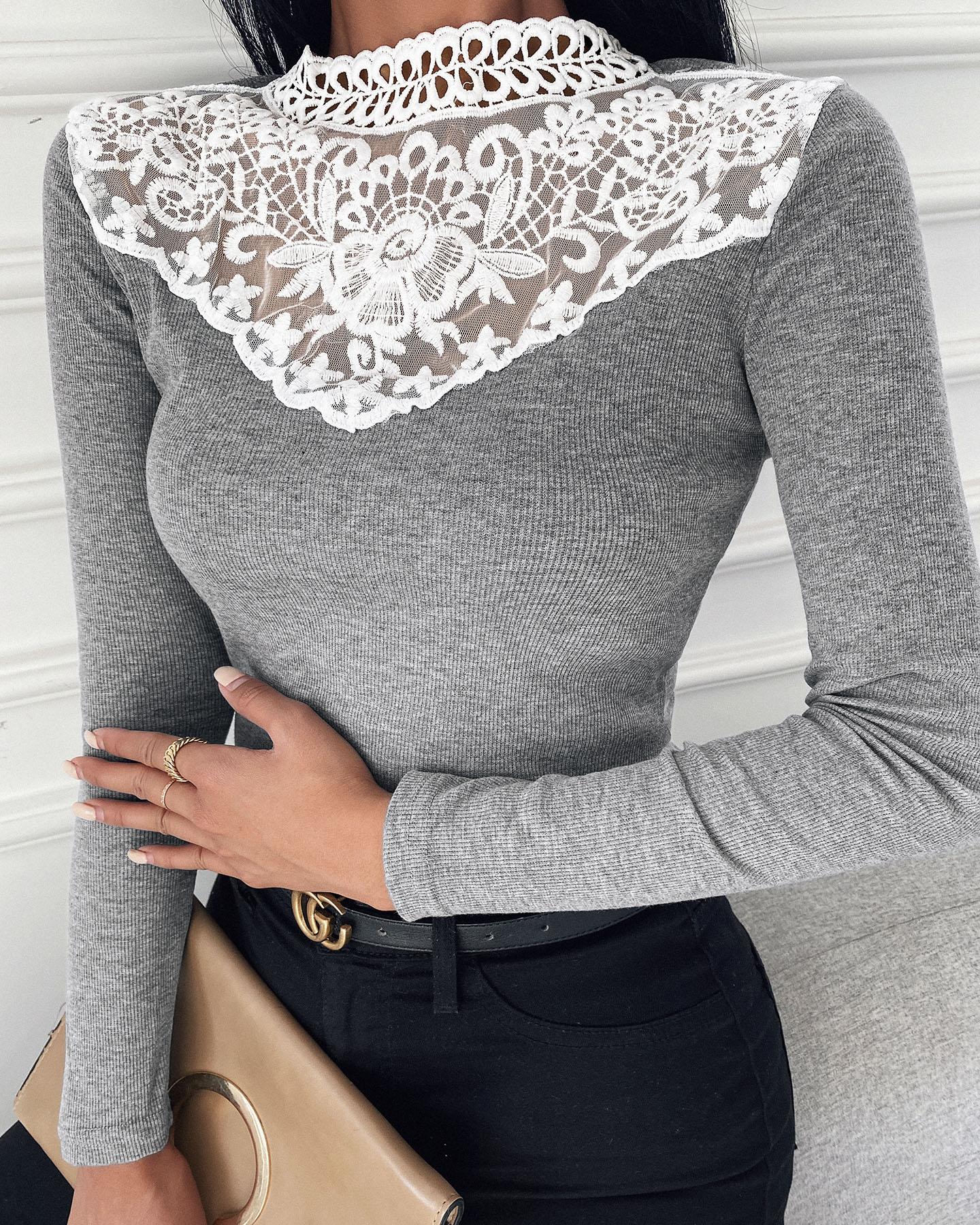 

Appliqued Patchwork Casual T-Shirt, Gray