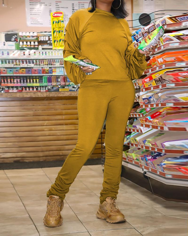 

Lantern Sleeve Ruched Top & High Waist Pants Set, Yellow