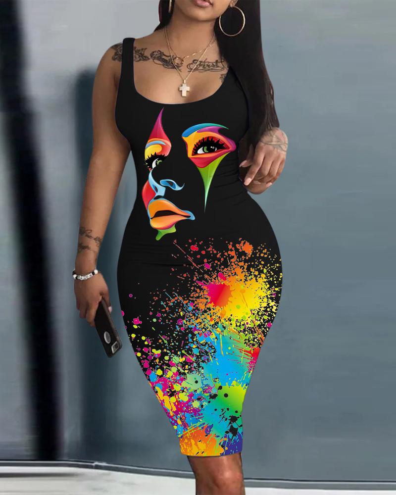 Figure Ink Splash Print Sleeveless Bodycon Dress