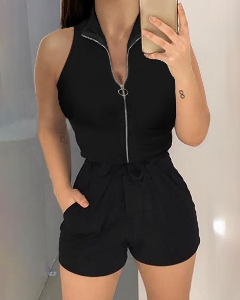 

Zipper Pocket Design Sleeveless Romper, Black