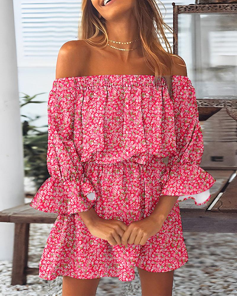 

Robe décontractée rose à petites fleurs et épaules dénudées, Pink