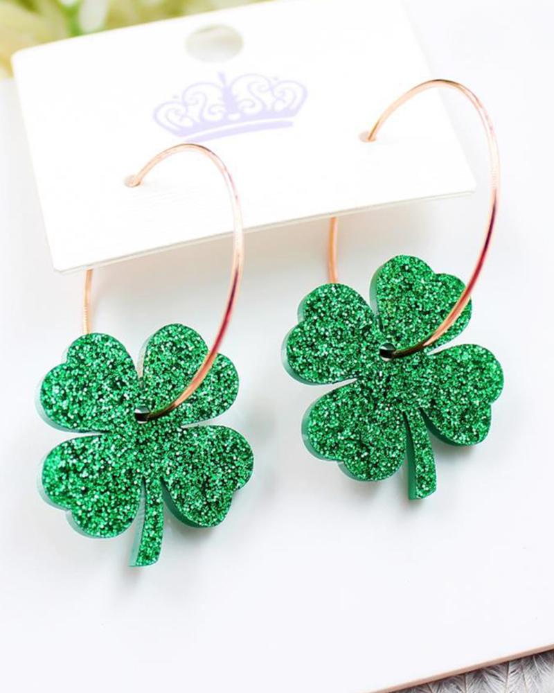 

1Pair St. Patrick's Day Glitter Clover Hoop Earrings, Green