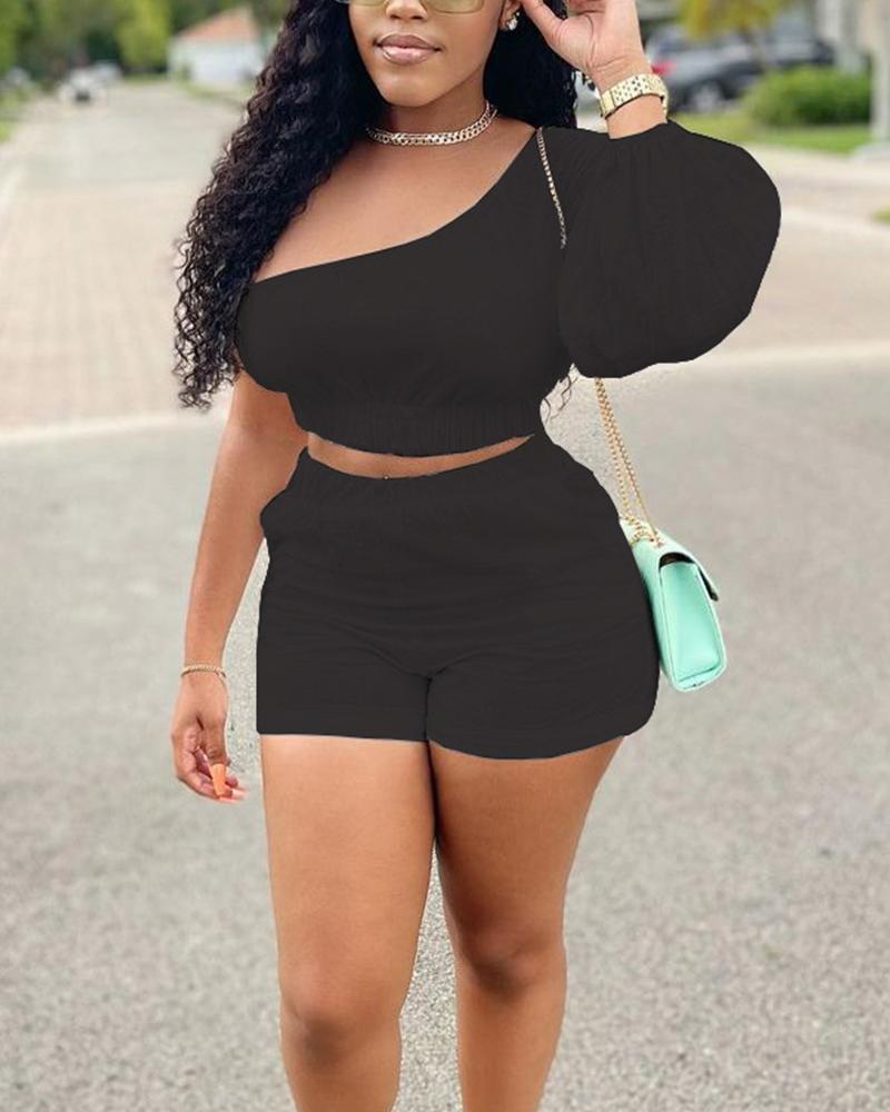 

One Shoulder Crop Top & Shorts Set, Black