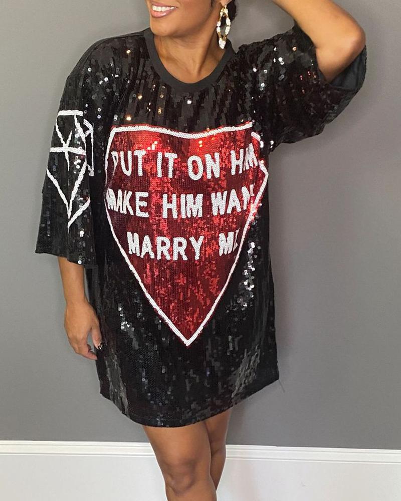 

Graphic Letter Pattern Sequin Dress, Black