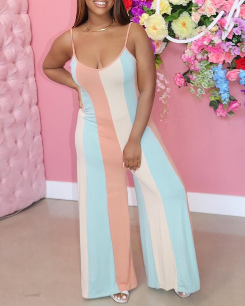 

Striped Print Spaghetti Strap Jumpsuit, Pink