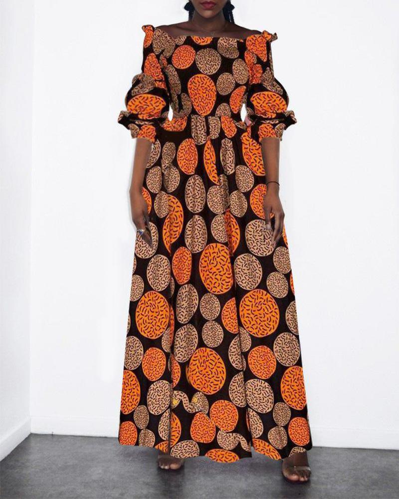 

African National Style Floral Print Half Sleeve Long Dress, Orange