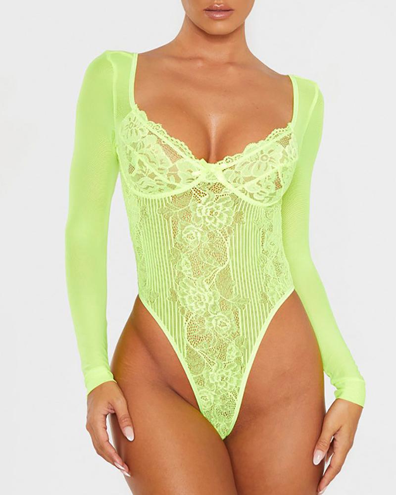 

Lace Mesh Patchwork Long Sleeve Bodysuit, Green