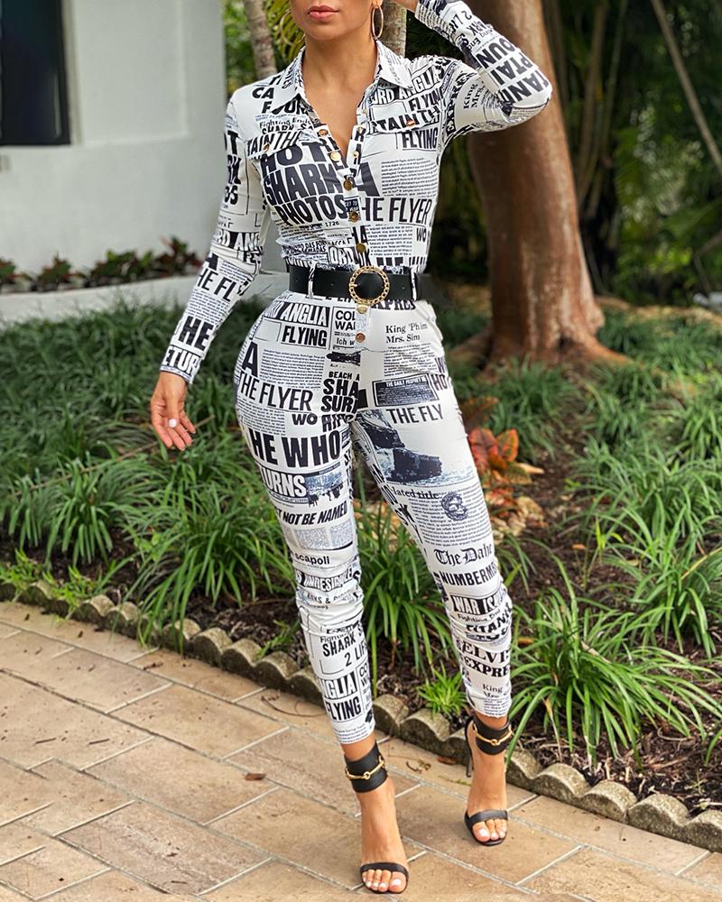 

Newspaper Print Long Sleeve Skinny Jumpsuit, White