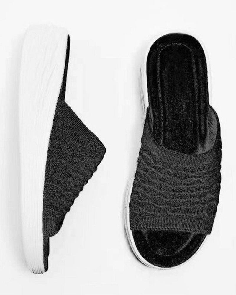 

Solid Knitted Upper Open-toe Platform Sandals, Black