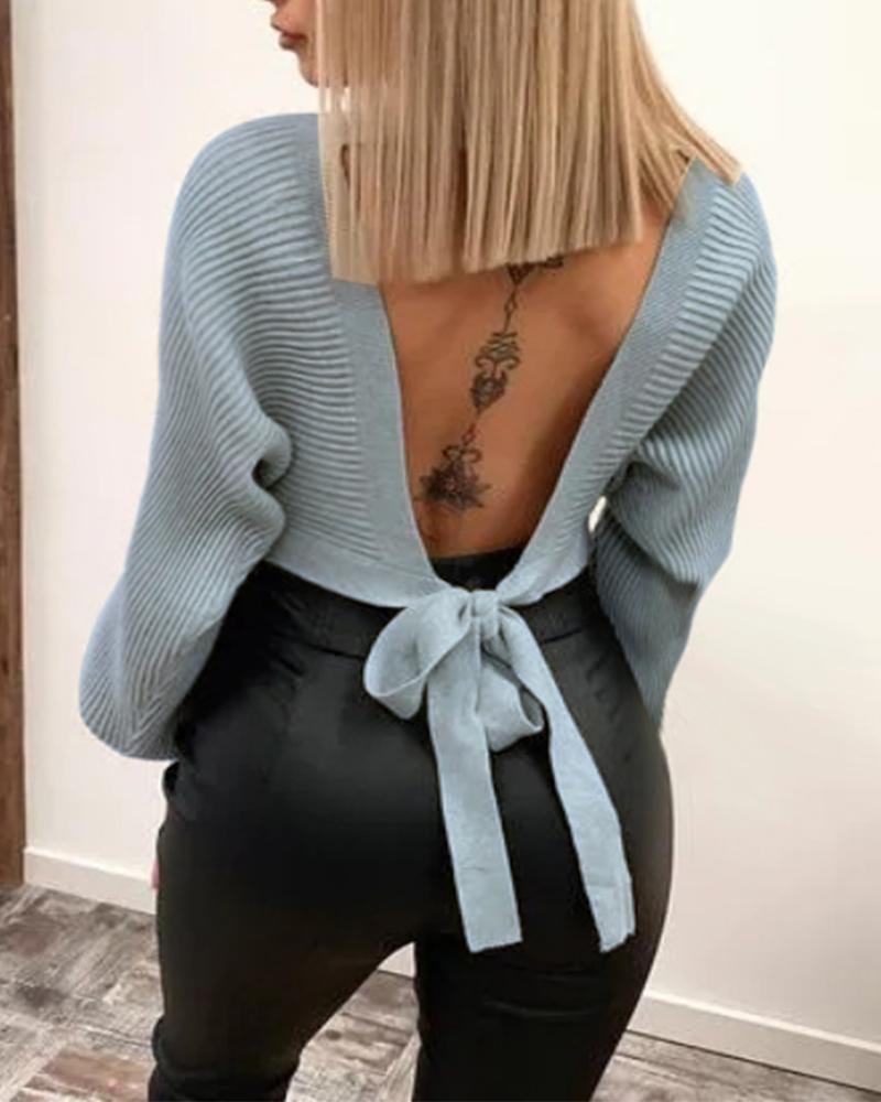 V-Neck Lantern Sleeve Knotted Backless Sweater