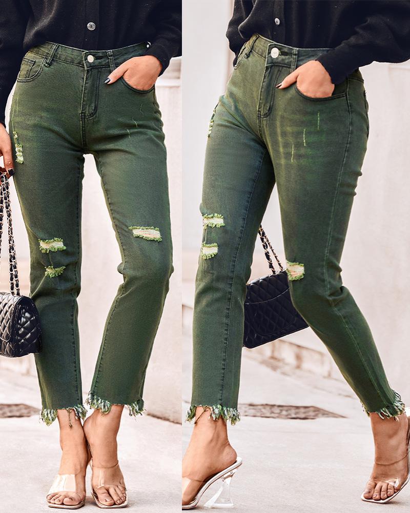 

Cutout Ripped Fringe Hem Pocket Design Jeans, Dark green