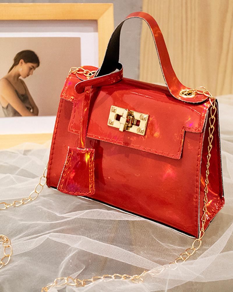 

Holographic Twist Lock Satchel Bag, Red