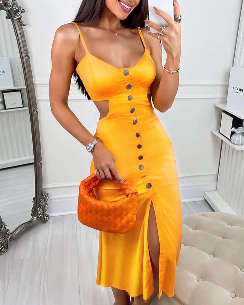 

Button Decor Cutout Backless Slit Bodycon Dress, Yellow