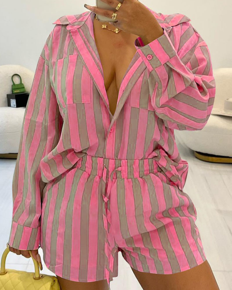 

Striped Shirt & Drawstring Shorts Set, Pink
