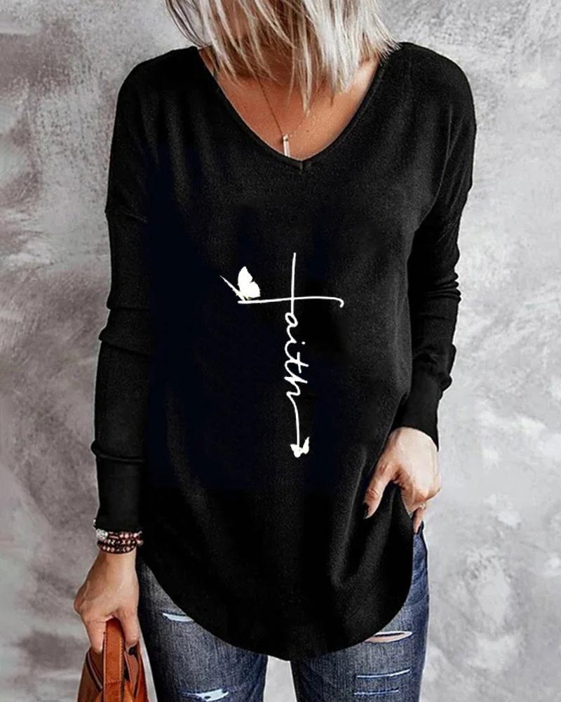 

Letter Butterfly Print Long Sleeve Top, Black