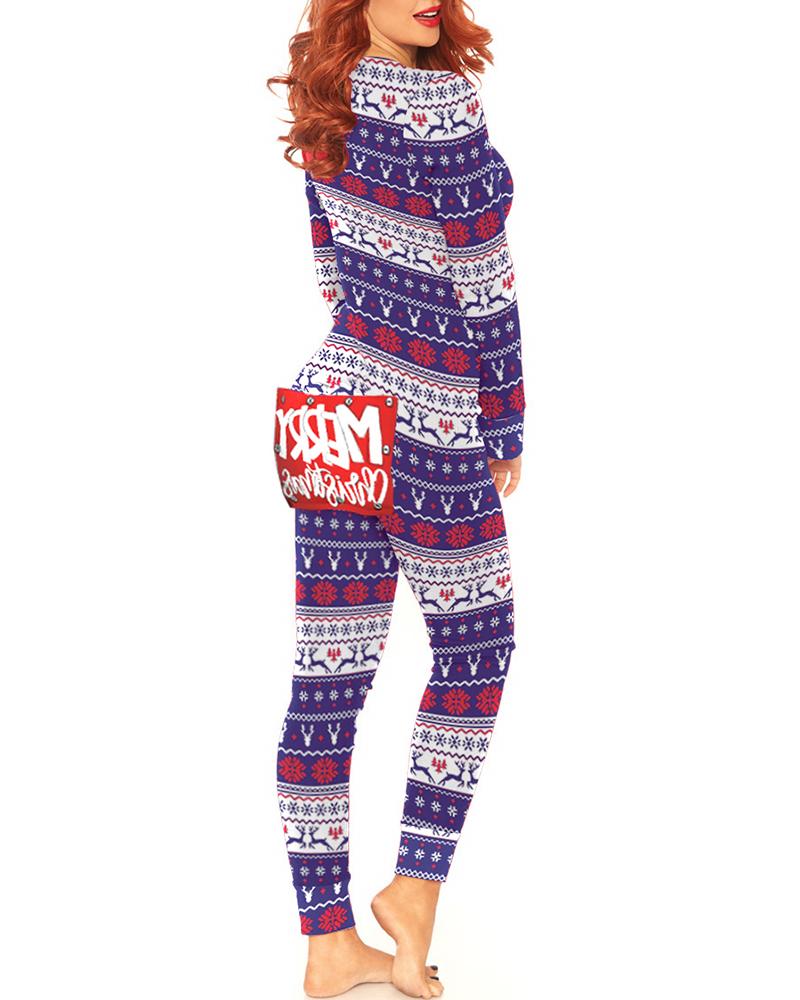 

Christmas Letter Print Functional Buttoned Flap Adults Pajamas, Multicolor