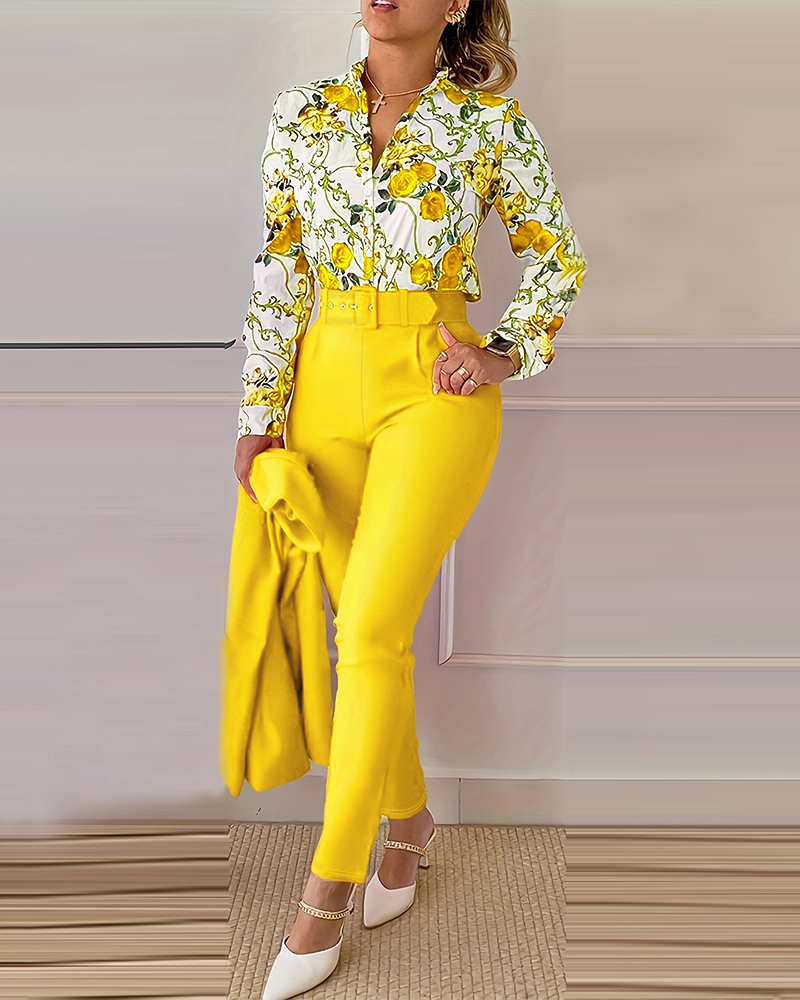 

Floral Baroque Print Shirt & High Waist Pants Set, Yellow