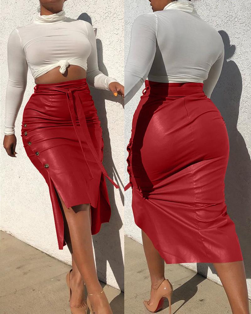 

Buttoned Slit PU Leather Midi Skirt, Red