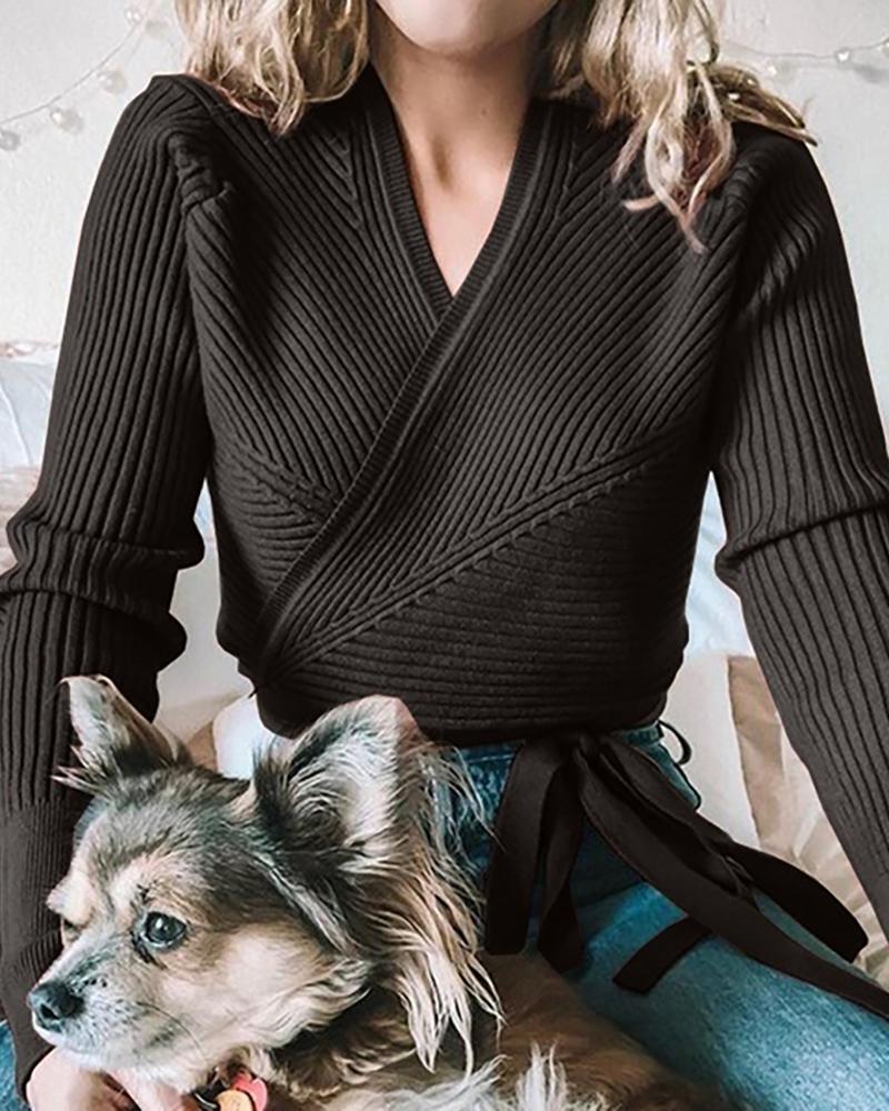 

Solid Ribbed Tied Detail Casual Sweater, Black