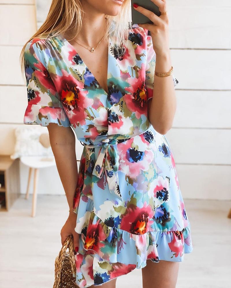

Floral Print Ruffles Bell Sleeve Wrap Dress, Blue