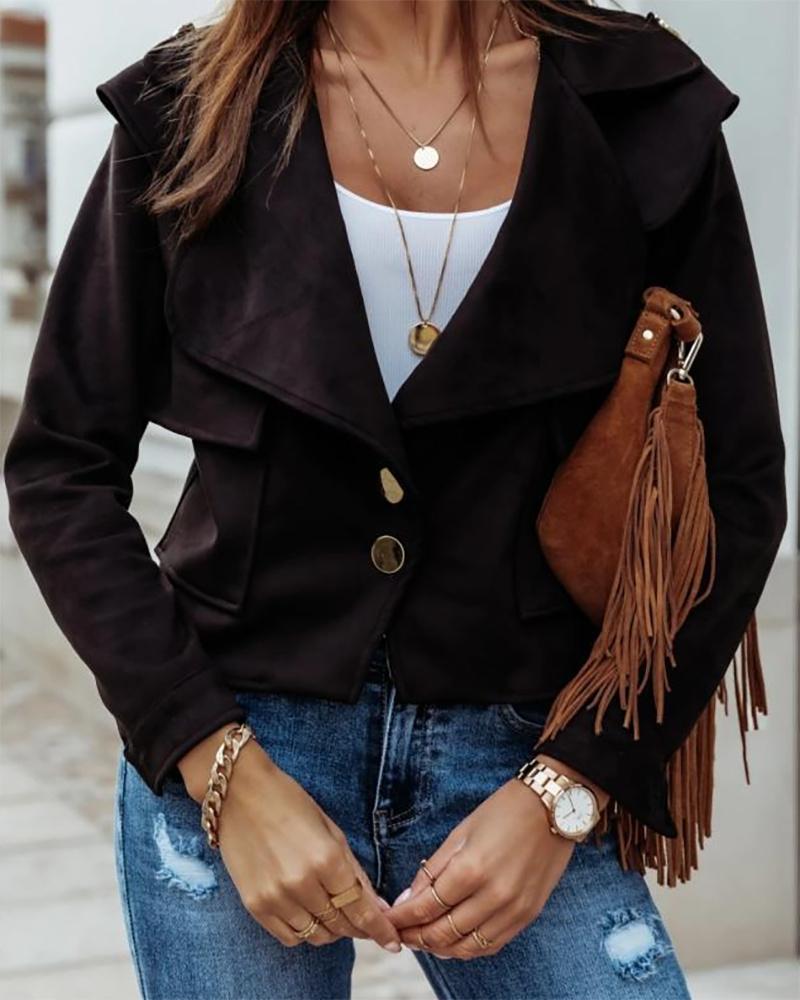 

Button Pocket Design Long Sleeve Suede Coat, Black