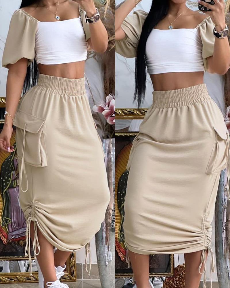 

Pocket Design Ruched Drawstring Skirt, Khaki