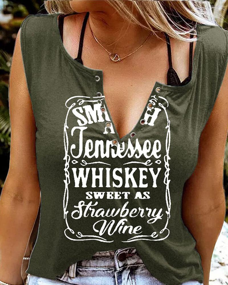 

Smooth As Tennessee Whiskey Sweet As Strawberry Wine Print Eyelet Decor Casual Tank Top, Green