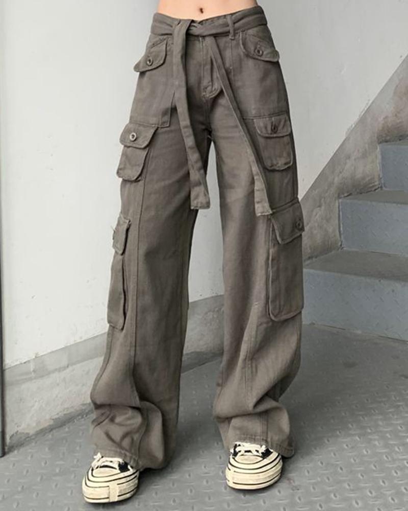 

High Waist Pocket Design Cargo Pants, Gray