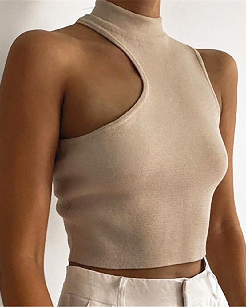 

Asymmetrical Trim Sleeveless Knit Crop Top, Khaki