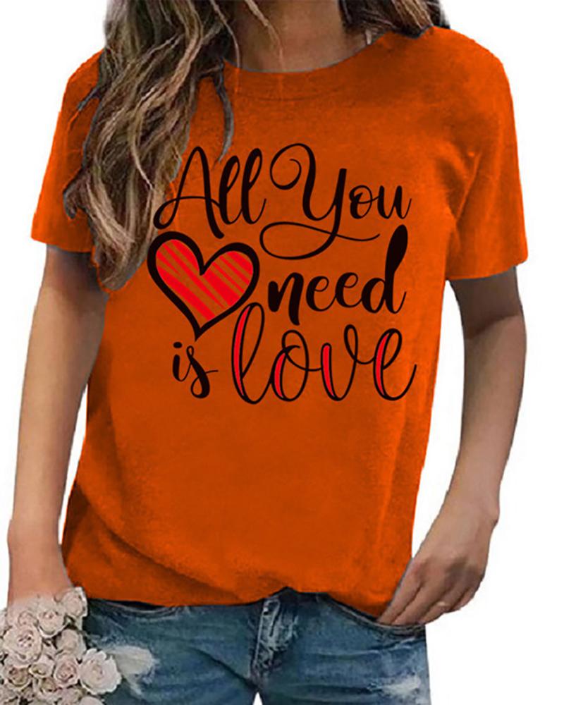 

Letter Print Short Sleeve Round Neck T-shirt, Orange