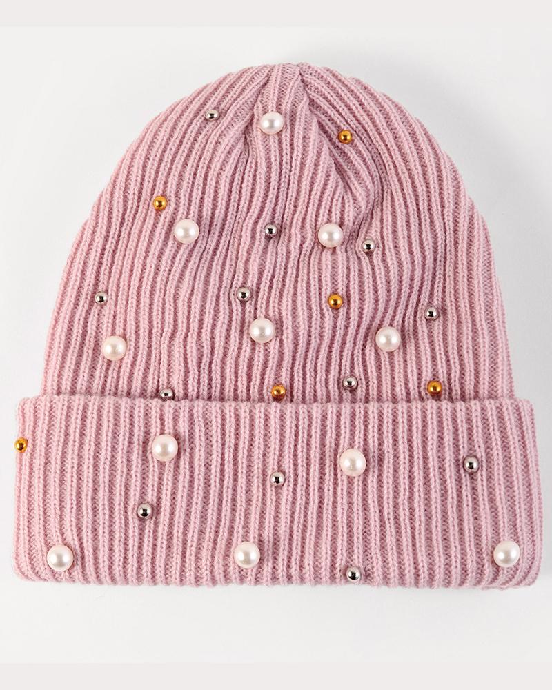 

Beaded Thermal Knit Bennie Hat, Pink