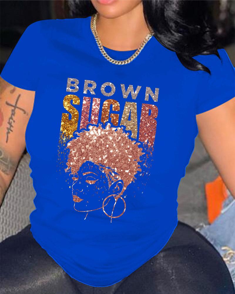 

Figure Letter Print Short Sleeve Casual T-shirt, Blue