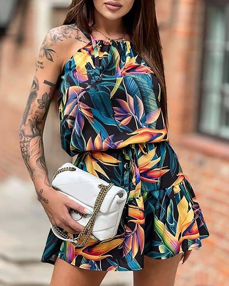 

Halter Tropical Print Tie Front Casual Dress, Black