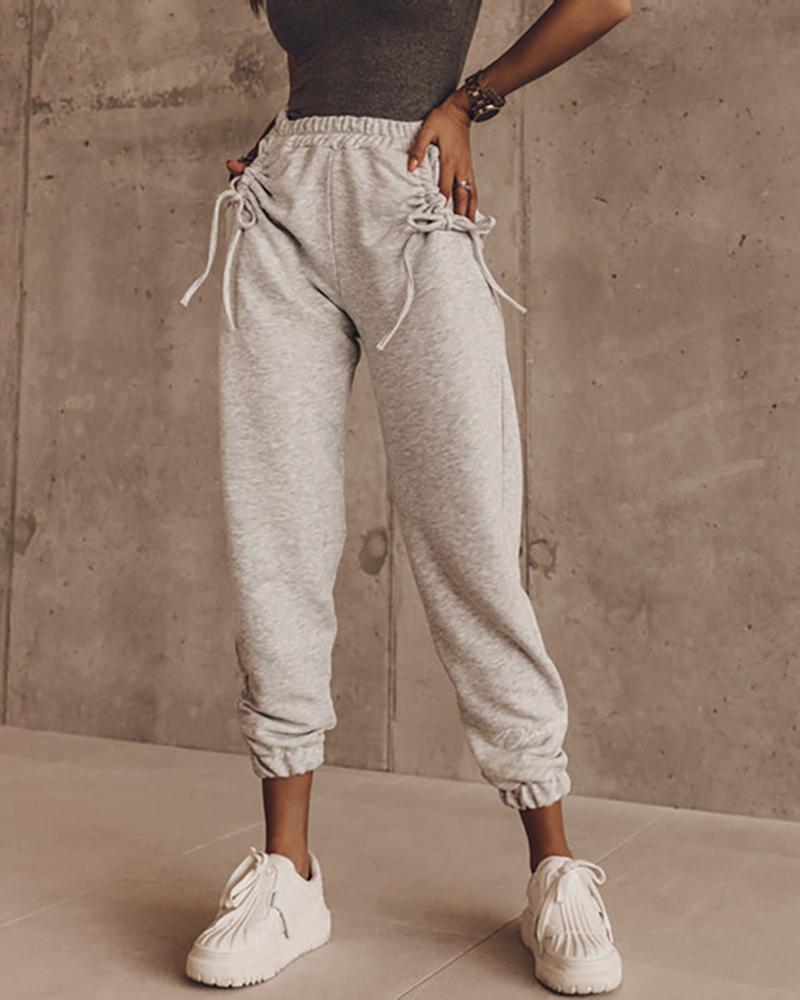 

Drawstring Ruched High Waist Casual Pants, Light gray