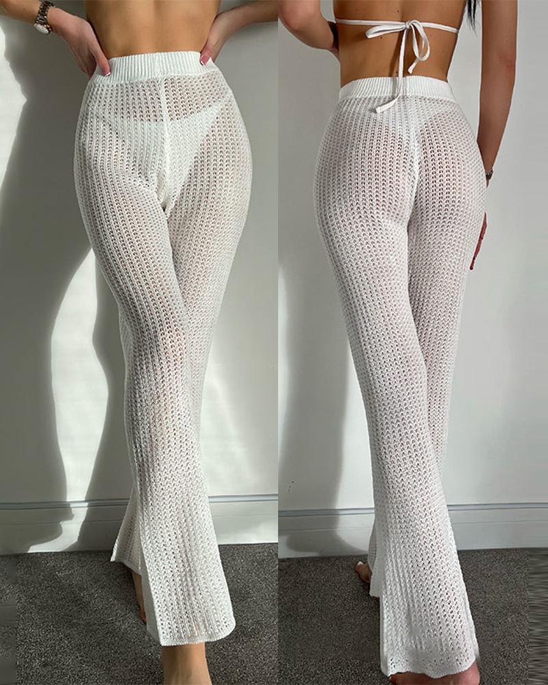 

High Waist Flared Leg Hollow Out Crochet Cover Up Beach Pants, White
