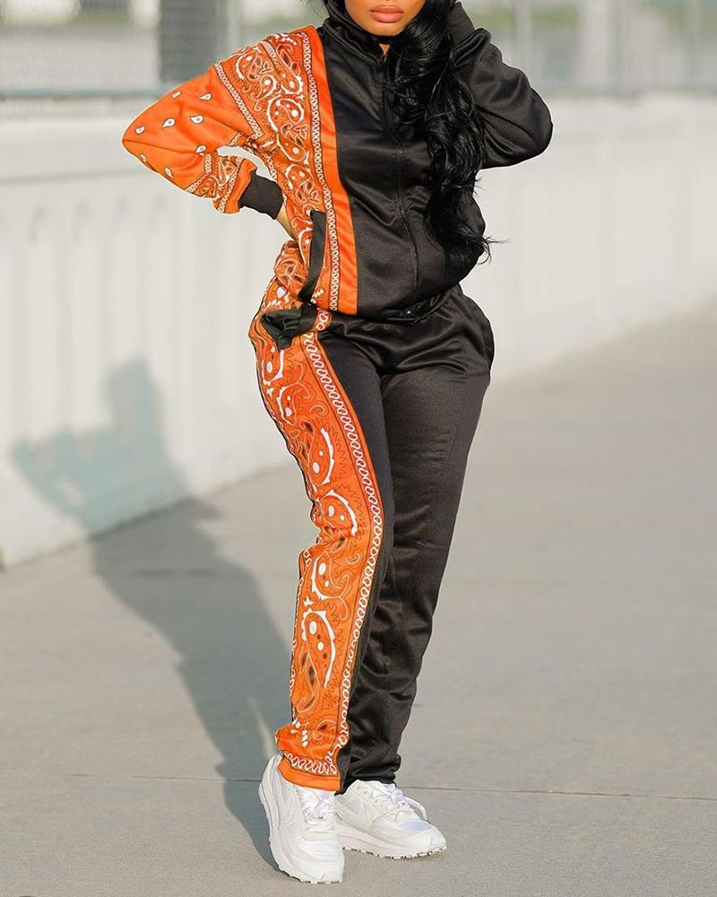 

Paisley Print Pocket Zipper Design Coat & Pants Set, Orange