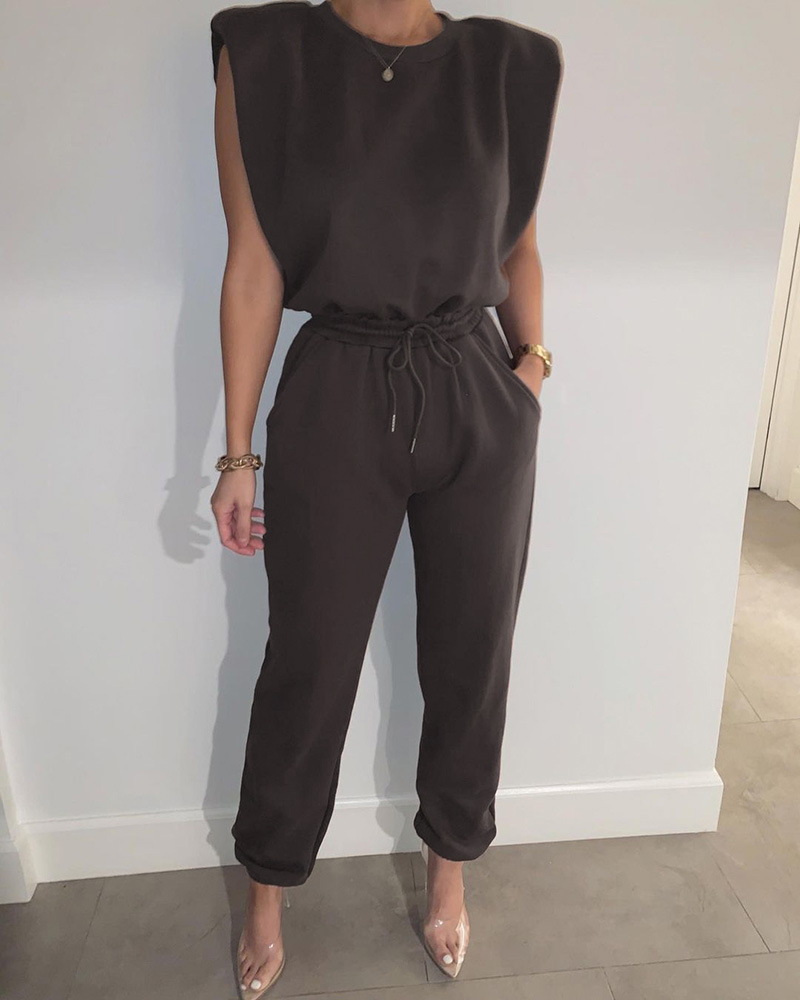 

Sleeveless O-Neck Top & Drawstring Pants Set, Coffee