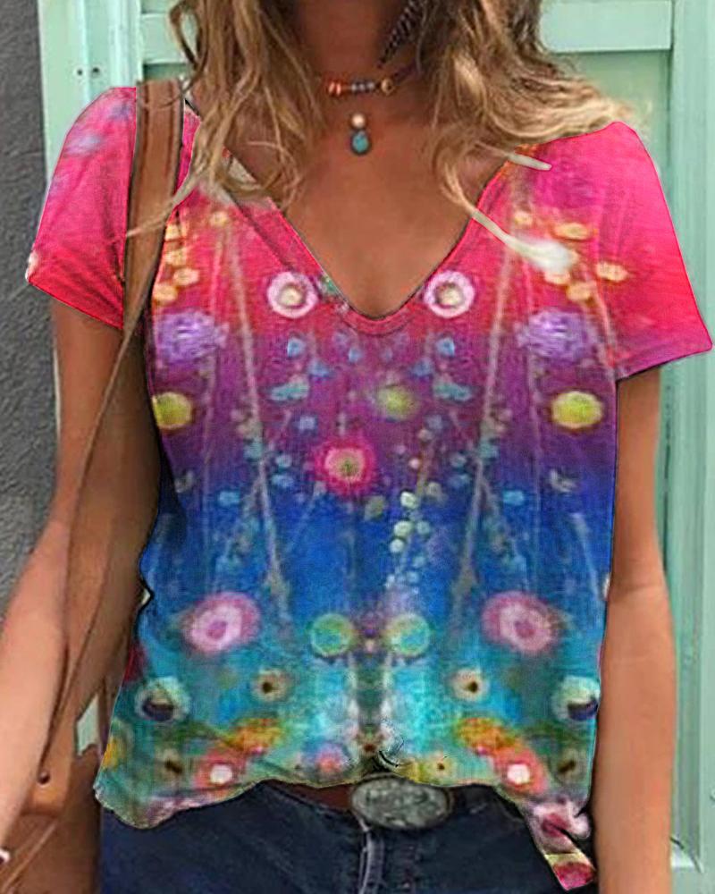 

Floral Print Colorblock Short Sleeve Casual T-Shirt, Multicolor