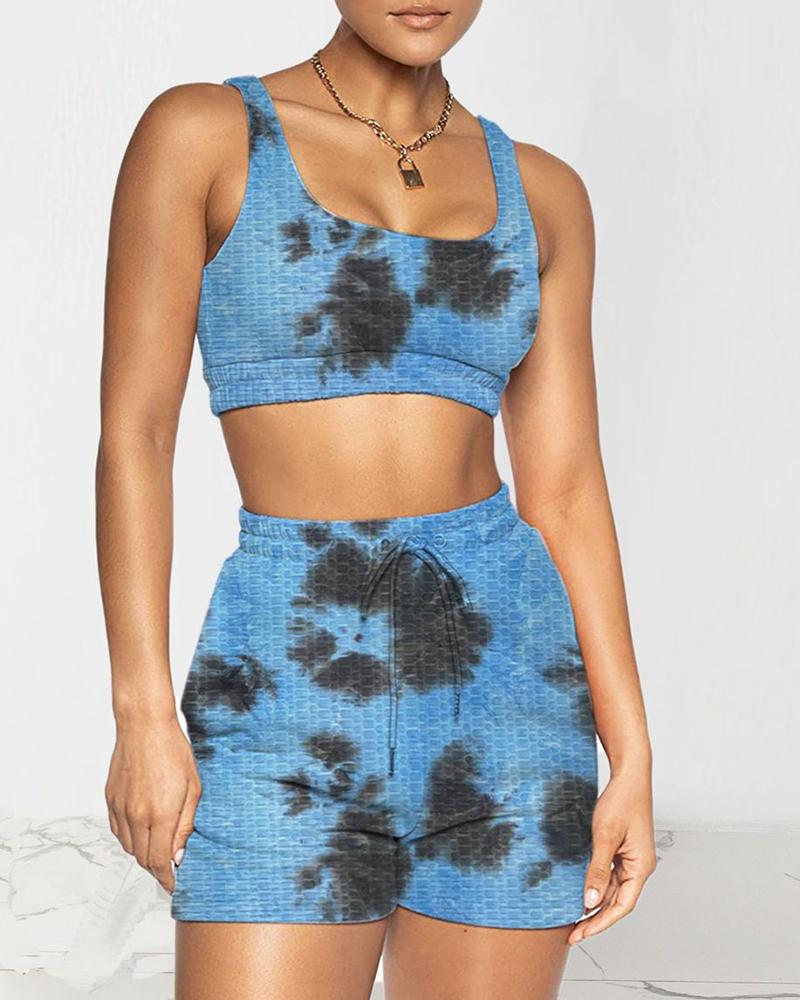 

Tie Dye Print Bubble Textured Drawstring Active Sets, Blue