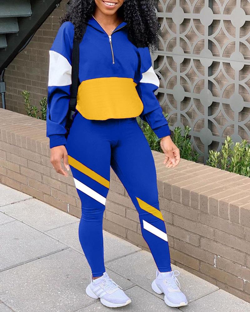 

Colorblock Zipper Detail Casual Top & Pants Set, Blue