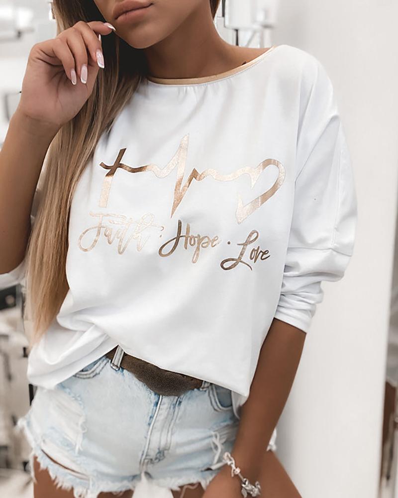

Letter Print Long Sleeve Casual Sweatshirt, White